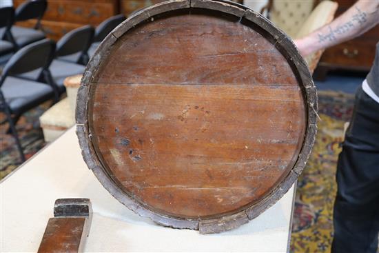 An early 19th century brass bound staved oak salt beef barrel, Overall Diam. 2ft 1in. H.2ft 5in.